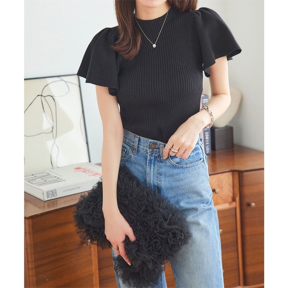 Anthropologie Maeve Glitter Flutter Muscle Sleeve Sweater in Black Size Small - Picture 2 of 10